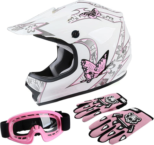 DOT Youth Kids Dirt Bike Full Face Helmets Motocross ATV Offroad Four Wheeler Helmet Pink Butterfly Medium Size