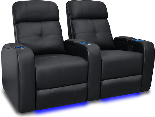 Valencia Verona Home Theater Seating | Premium Top Grain Italian 9000 Leather, Power Recliner, LED Lighting (Row of 2, Black)